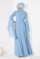 Tesettür giyim MAVİ ALVİNA KOLLARI PELERİN ŞİFON ABİYE ELBİSE 5516