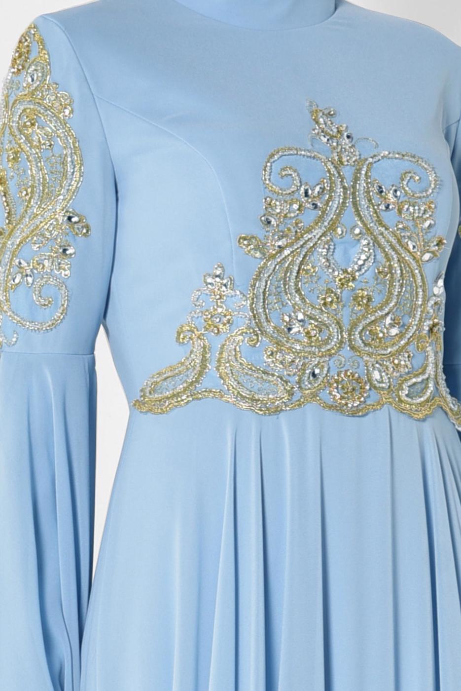 Tesettür giyim MAVİ ALVİNA KOLLARI PELERİN ŞİFON ABİYE ELBİSE 5516