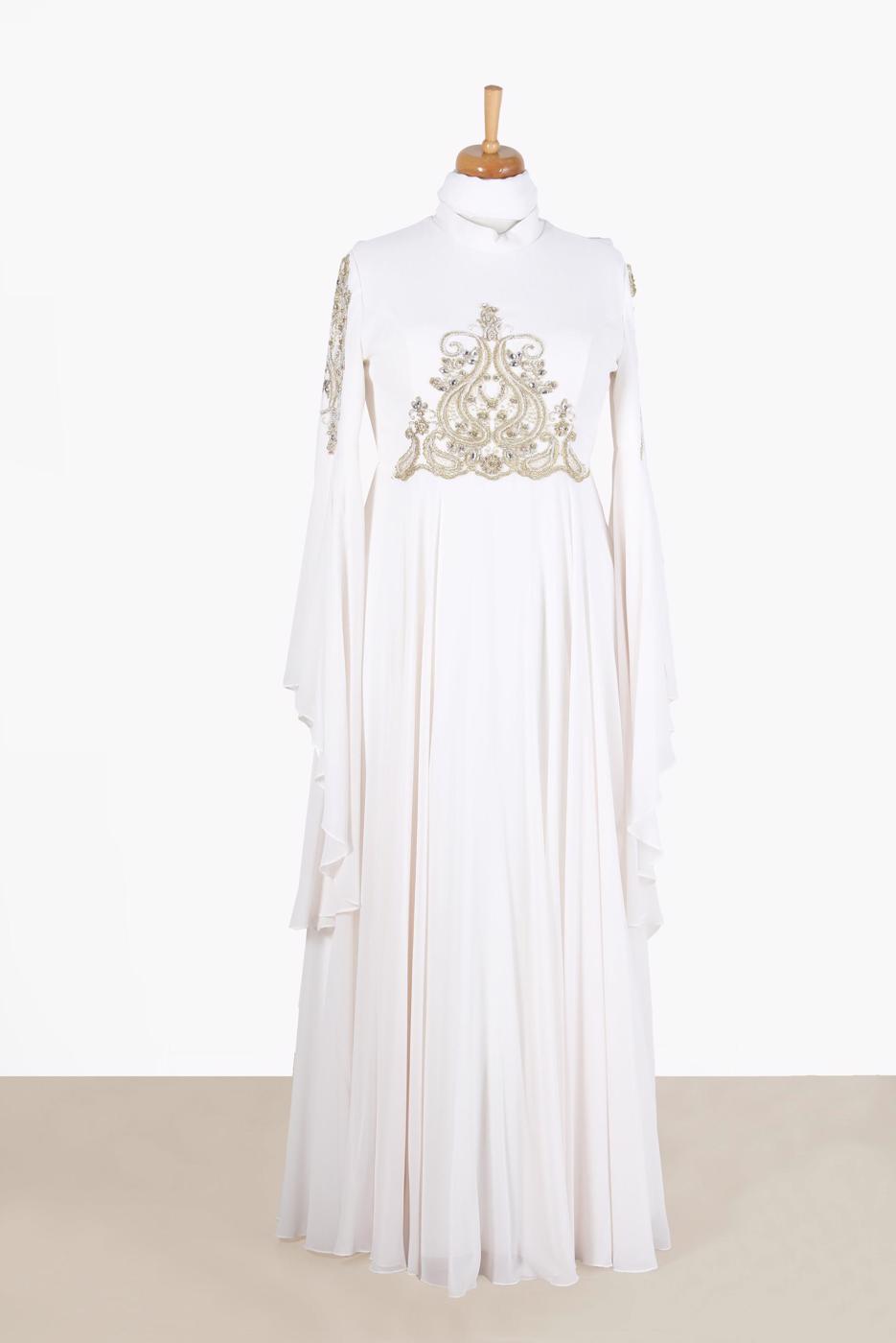 Tesettür giyim KREM ALVİNA ŞİFON ABİYE ELBİSE T 5517