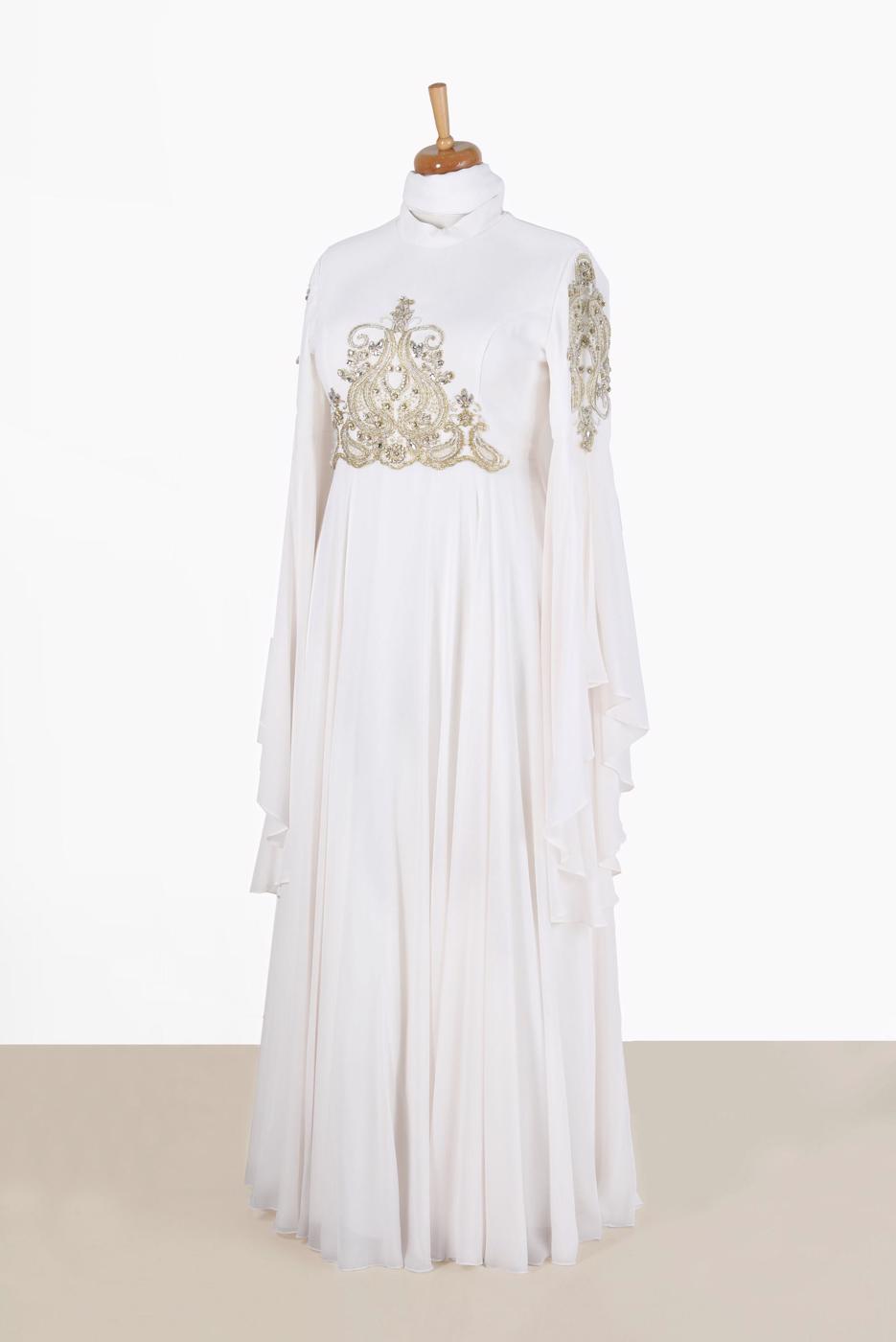 Tesettür giyim KREM ALVİNA ŞİFON ABİYE ELBİSE T 5517