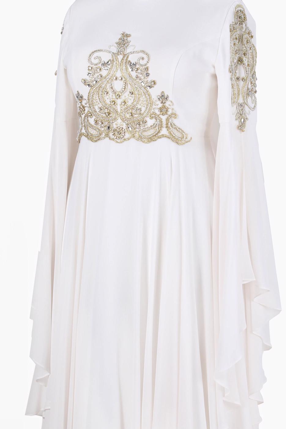 Tesettür giyim KREM ALVİNA ŞİFON ABİYE ELBİSE T 5517