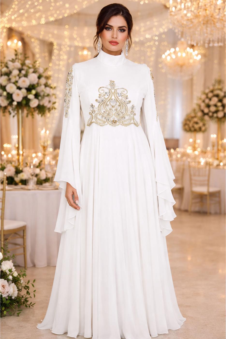 Tesettür giyim KREM ALVİNA ŞİFON ABİYE ELBİSE T 5517