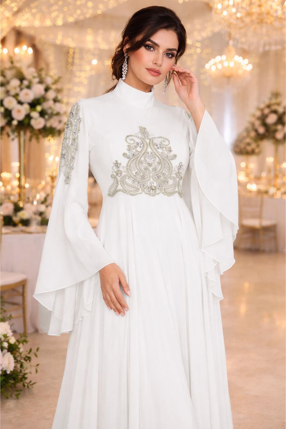 Tesettür giyim KREM ALVİNA ŞİFON ABİYE ELBİSE T 5517