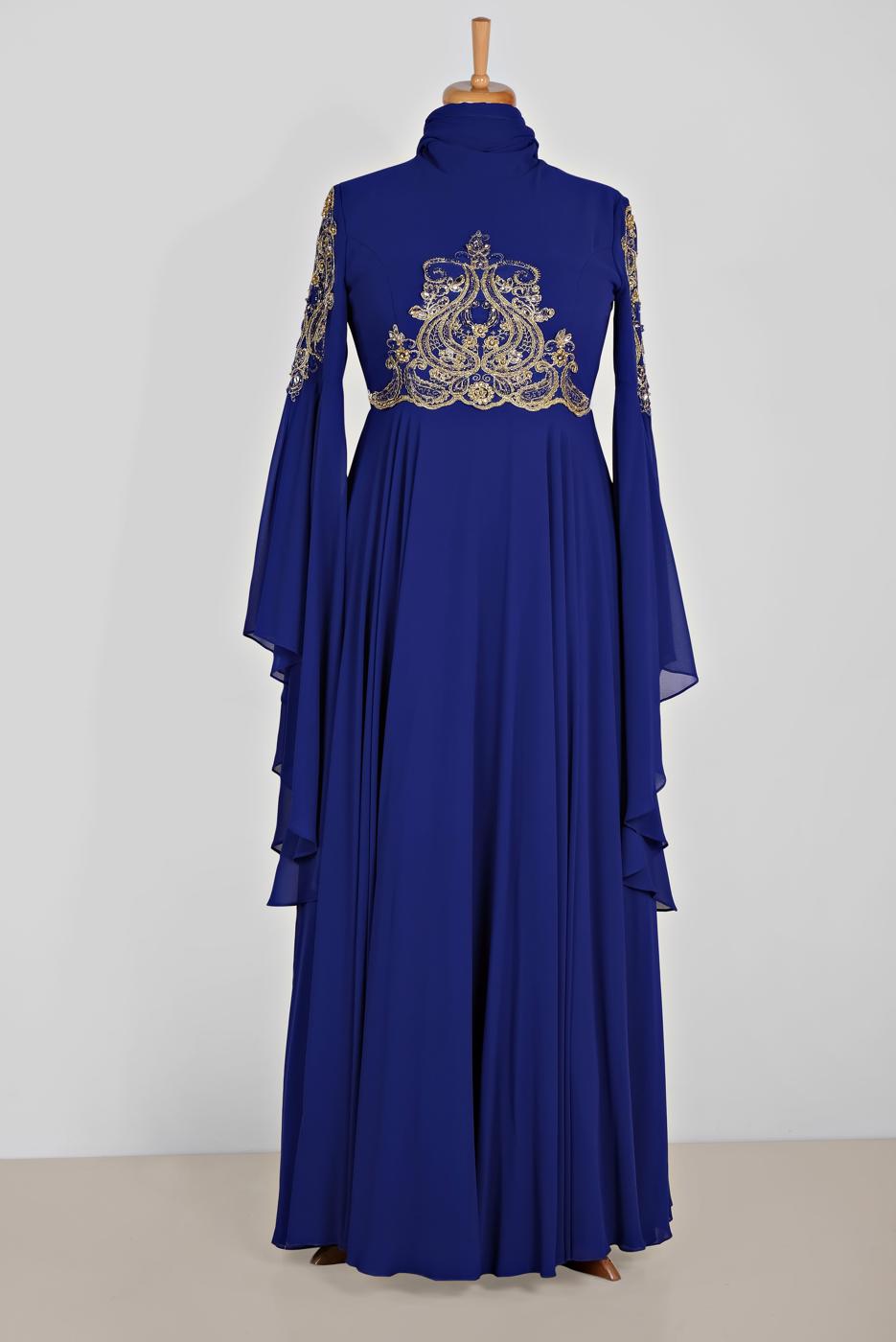 Tesettür giyim LACİVERT ALVİNA ŞİFON ABİYE ELBİSE T 5517