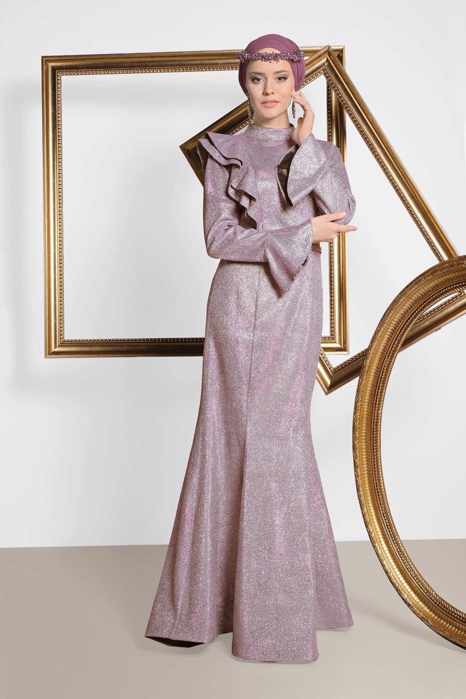 Tesettür giyim PUDRA  ALVİNA VOLAN DETAYLI BALIK MODEL SİMLİ ABİYE 5550