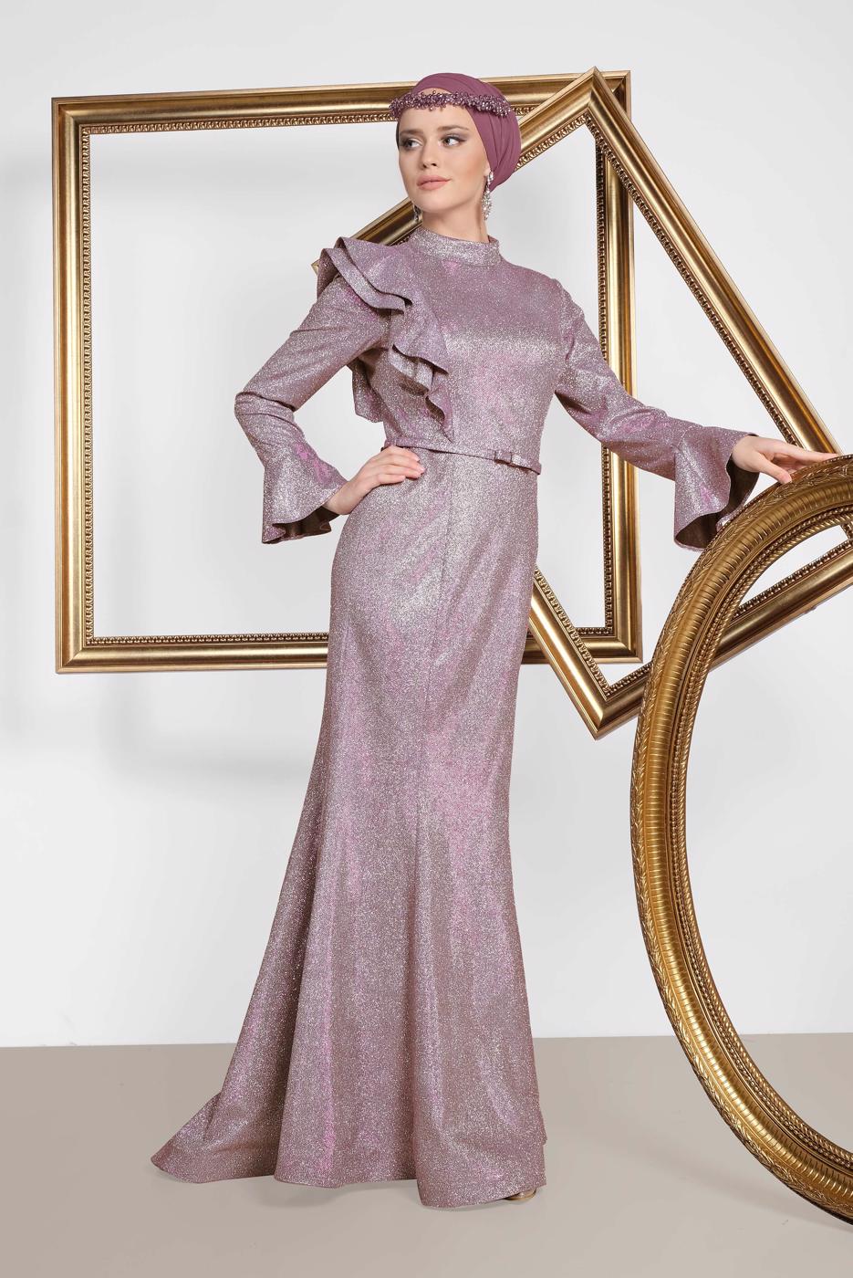 Tesettür giyim PUDRA  ALVİNA VOLAN DETAYLI BALIK MODEL SİMLİ ABİYE 5550