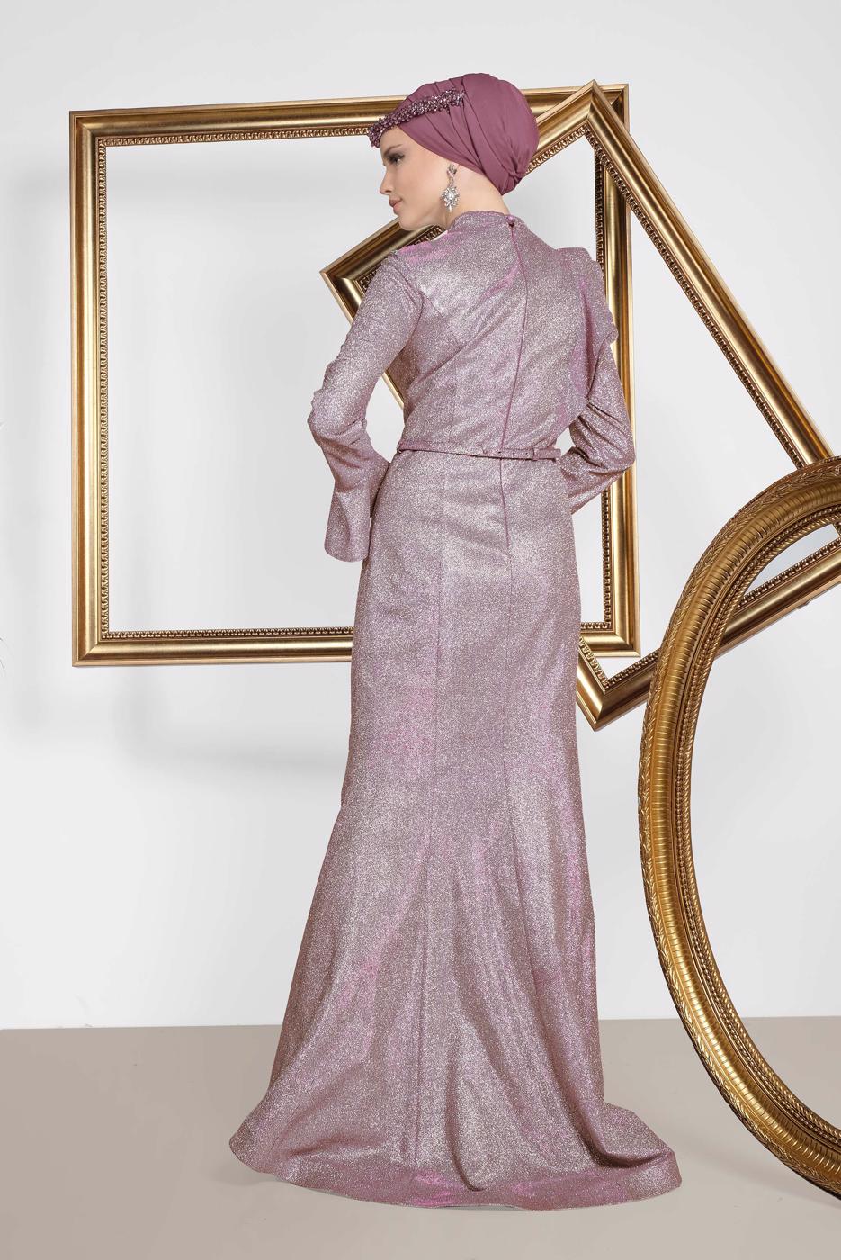 Tesettür giyim PUDRA  ALVİNA VOLAN DETAYLI BALIK MODEL SİMLİ ABİYE 5550