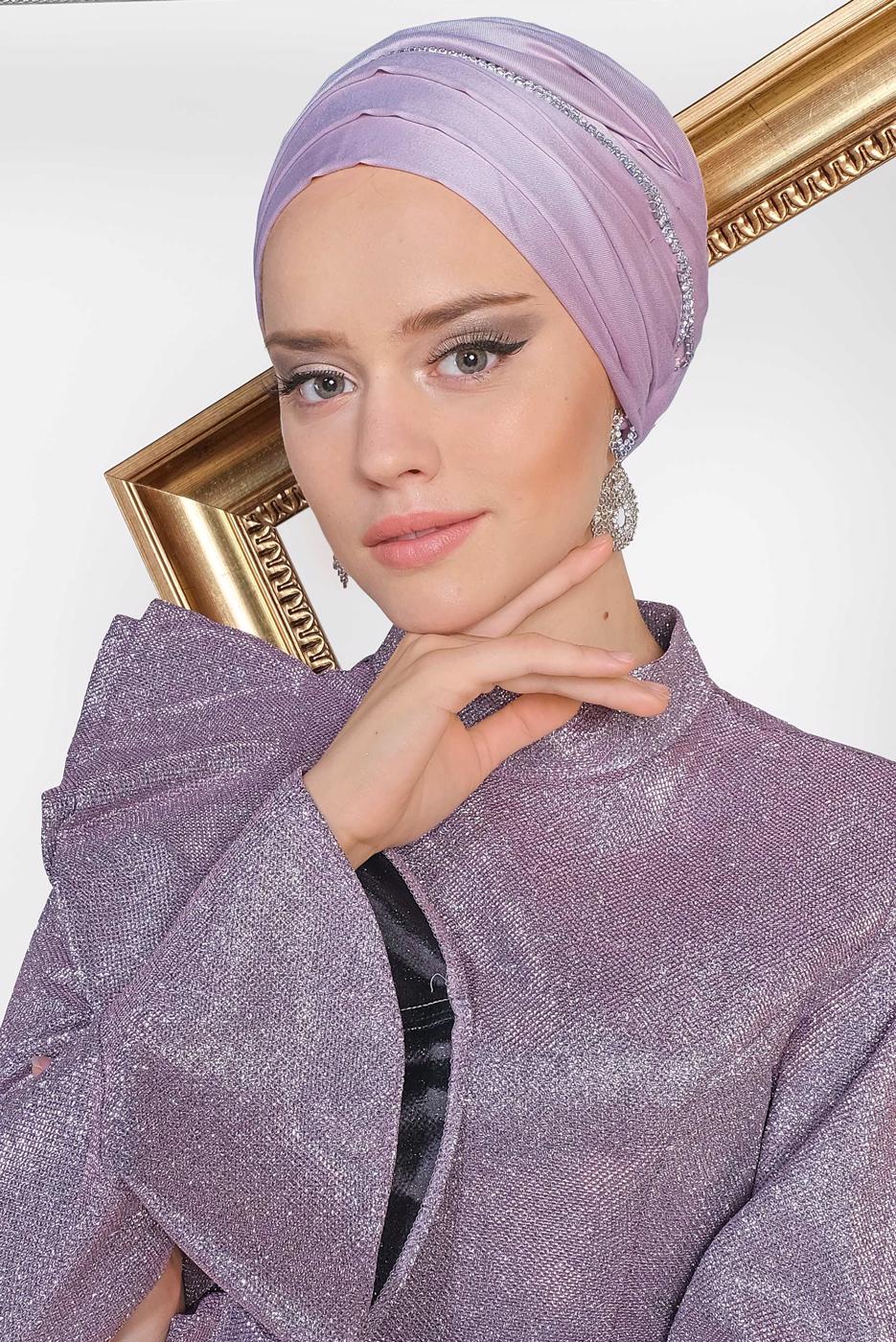 Tesettür giyim MOR  ALVİNA VOLAN DETAYLI BALIK MODEL SİMLİ ABİYE 5550