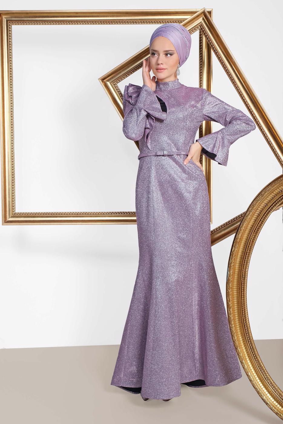Tesettür giyim MOR  ALVİNA VOLAN DETAYLI BALIK MODEL SİMLİ ABİYE 5550