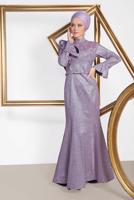 Tesettür giyim MOR  ALVİNA VOLAN DETAYLI BALIK MODEL SİMLİ ABİYE 5550