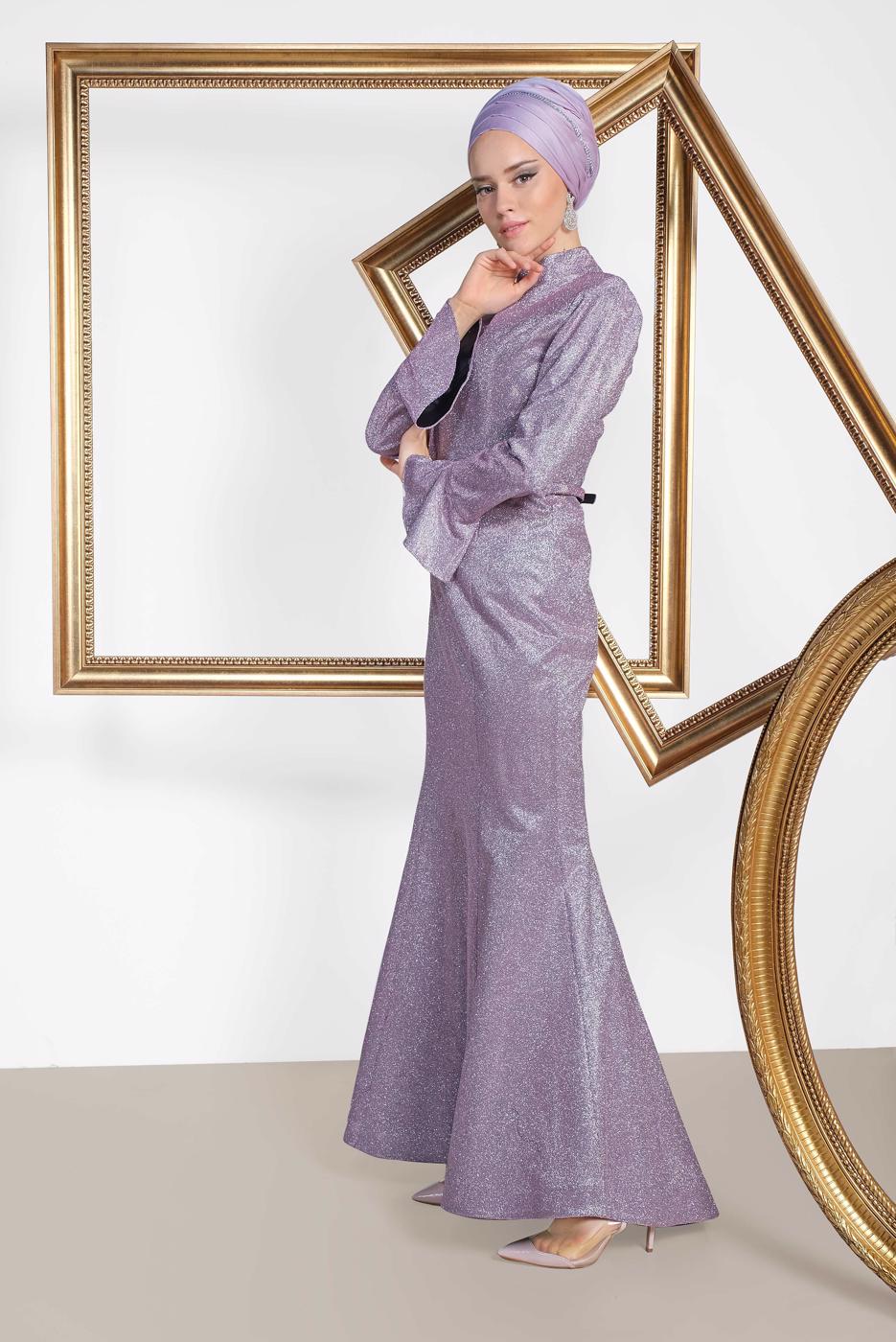 Tesettür giyim MOR  ALVİNA VOLAN DETAYLI BALIK MODEL SİMLİ ABİYE 5550