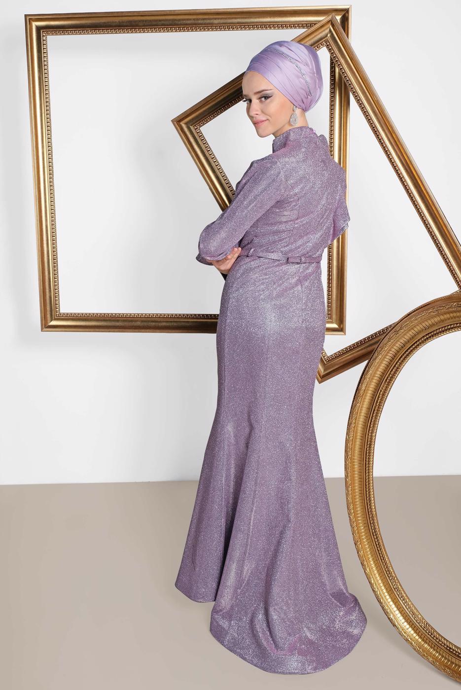 Tesettür giyim MOR  ALVİNA VOLAN DETAYLI BALIK MODEL SİMLİ ABİYE 5550