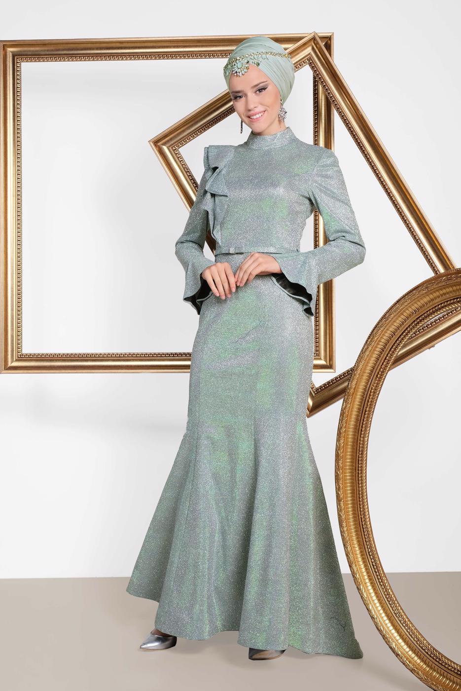 Tesettür giyim YEŞİL  ALVİNA VOLAN DETAYLI BALIK MODEL SİMLİ ABİYE 5550
