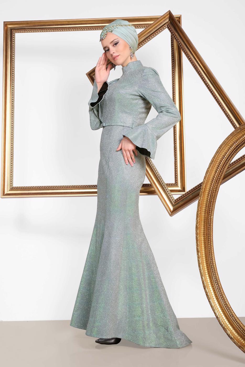 Tesettür giyim YEŞİL  ALVİNA VOLAN DETAYLI BALIK MODEL SİMLİ ABİYE 5550