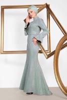 Tesettür giyim YEŞİL  ALVİNA VOLAN DETAYLI BALIK MODEL SİMLİ ABİYE 5550