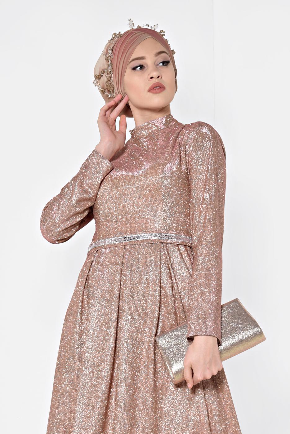 Tesettür giyim PUDRA ALVİNA SİMLİ CEPLİ ABİYE ELBİSE 5563