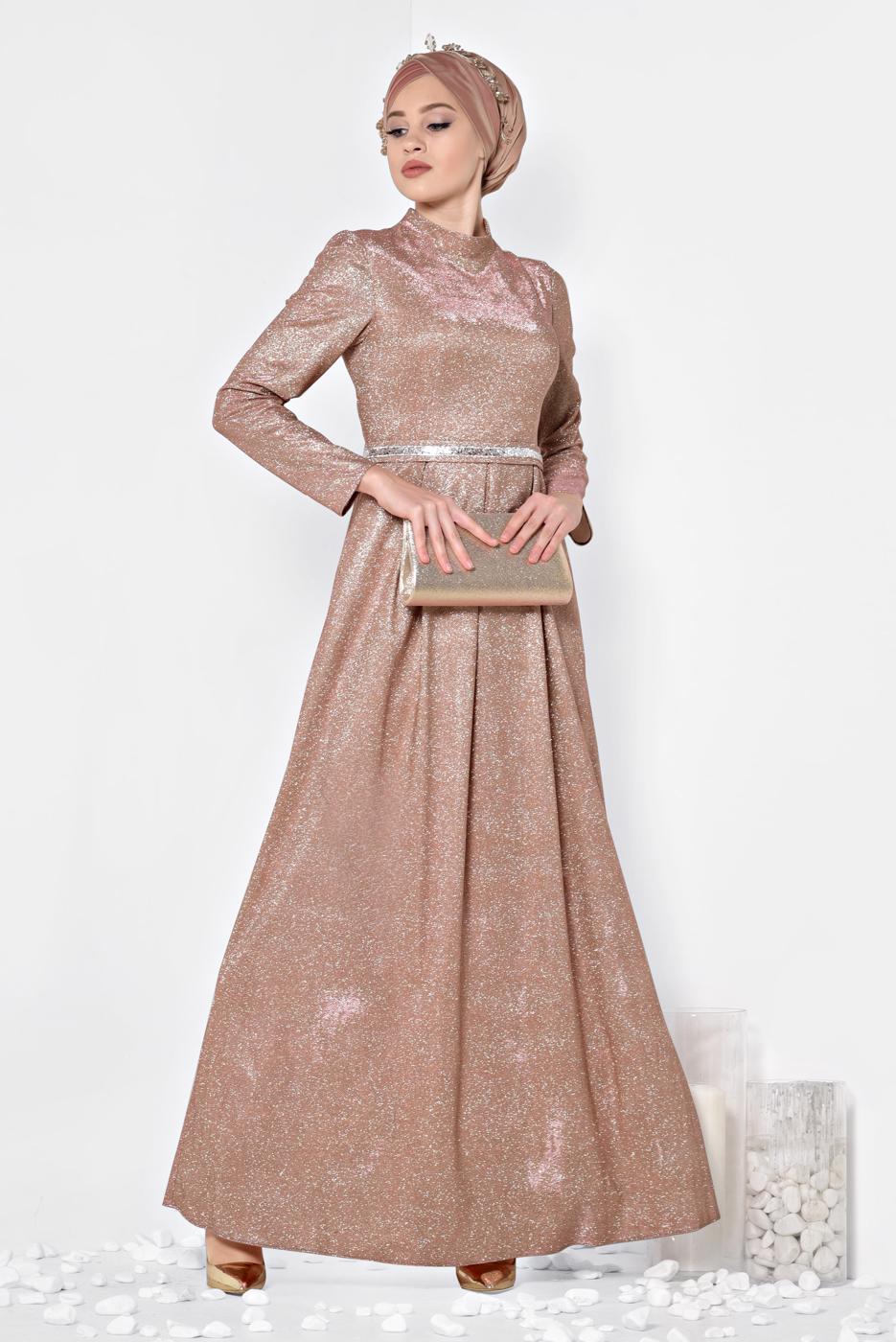 Tesettür giyim PUDRA ALVİNA SİMLİ CEPLİ ABİYE ELBİSE 5563