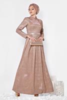 Tesettür giyim PUDRA ALVİNA SİMLİ CEPLİ ABİYE ELBİSE 5563