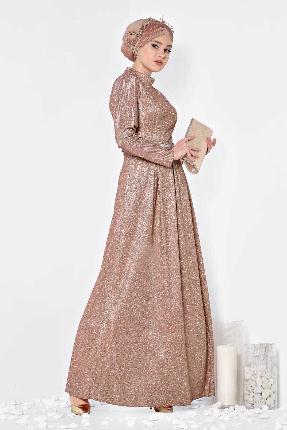 Tesettür giyim PUDRA ALVİNA SİMLİ CEPLİ ABİYE ELBİSE 5563