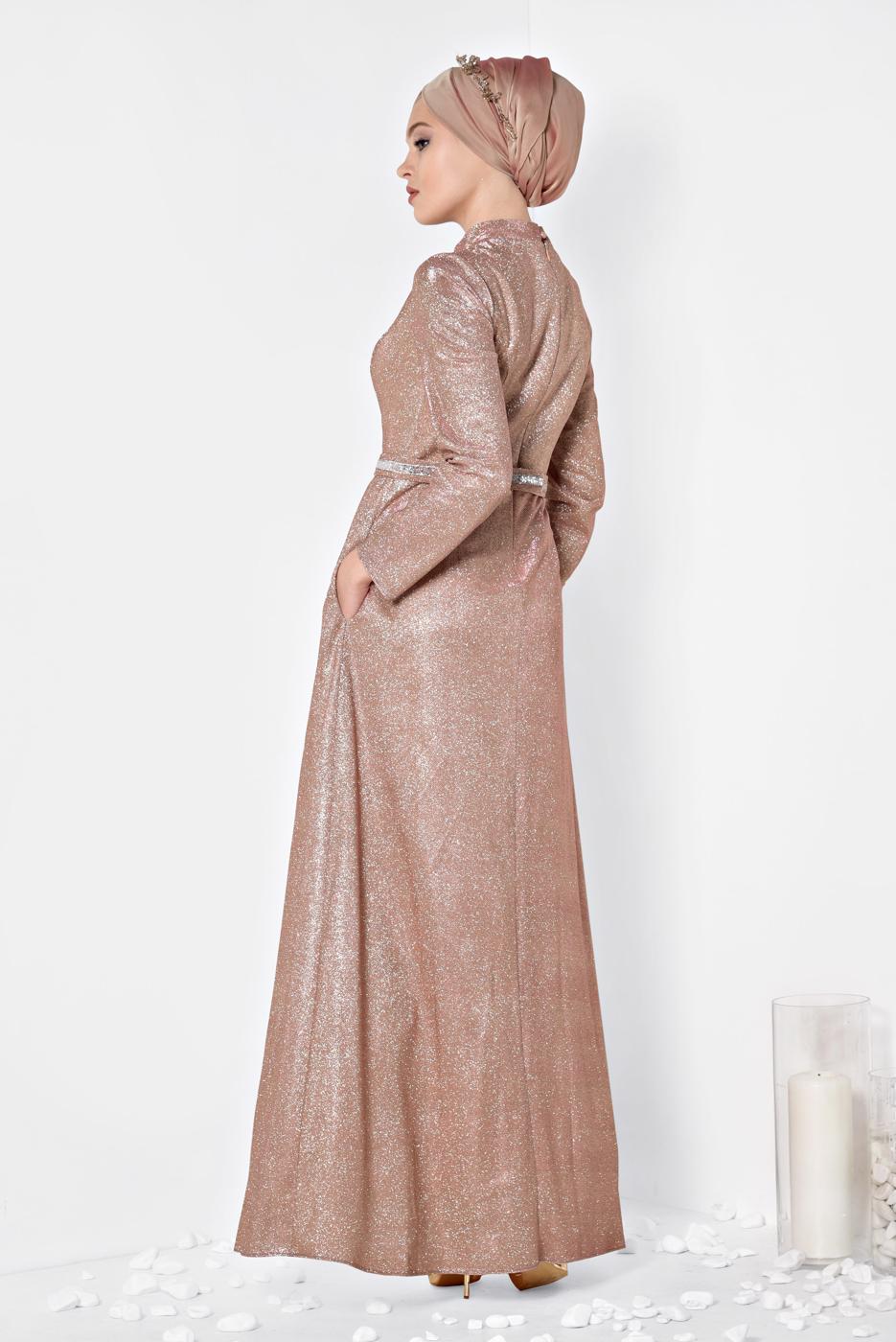 Tesettür giyim PUDRA ALVİNA SİMLİ CEPLİ ABİYE ELBİSE 5563