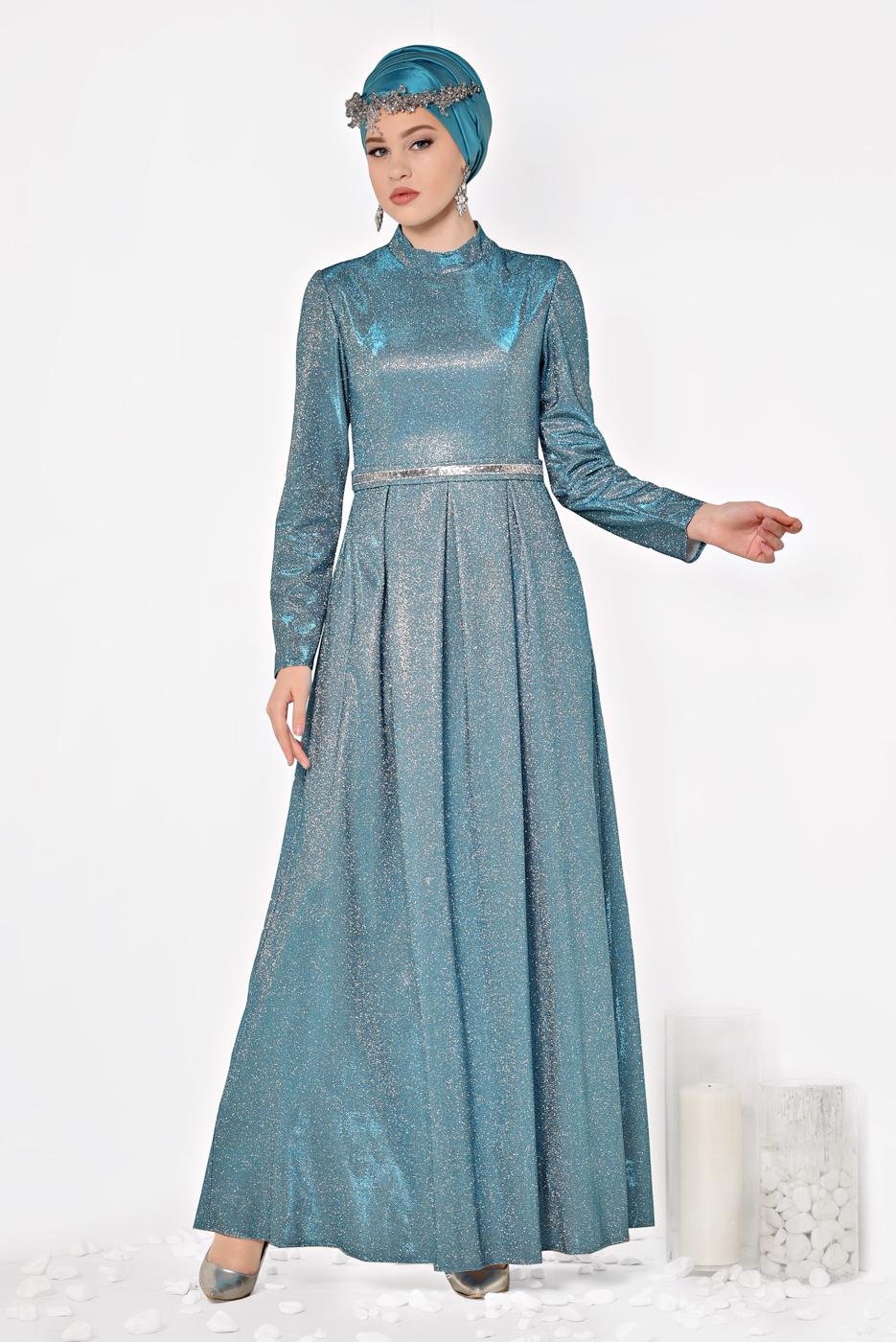 Tesettür giyim MAVİ ALVİNA SİMLİ CEPLİ ABİYE ELBİSE 5563
