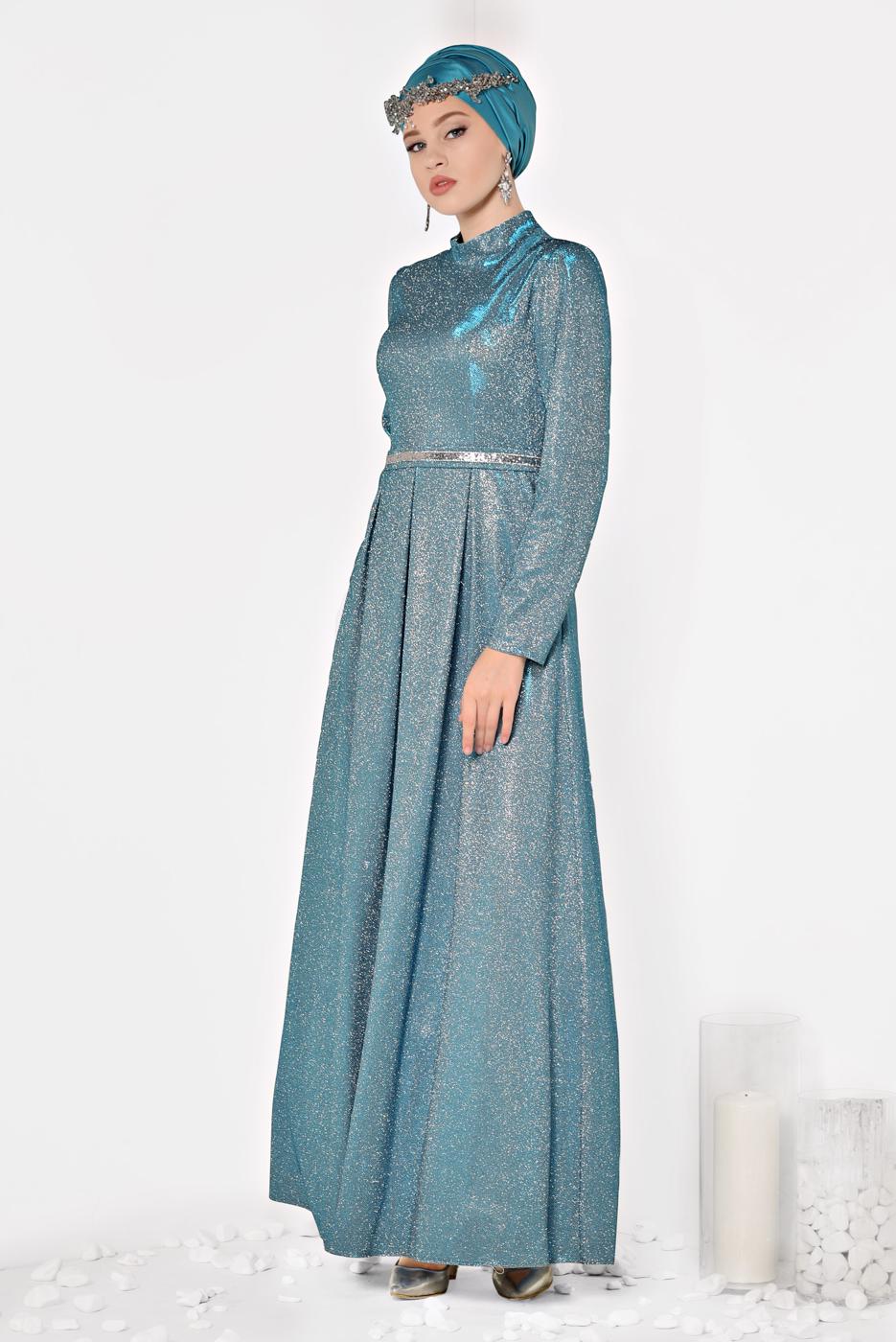 Tesettür giyim MAVİ ALVİNA SİMLİ CEPLİ ABİYE ELBİSE 5563