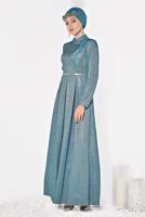 Tesettür giyim MAVİ ALVİNA SİMLİ CEPLİ ABİYE ELBİSE 5563