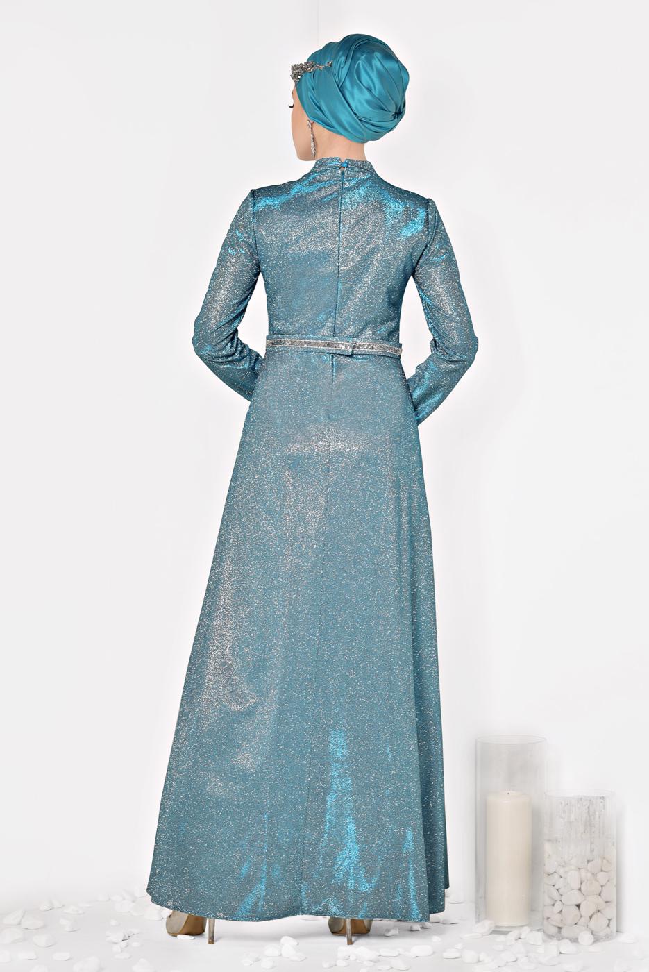 Tesettür giyim MAVİ ALVİNA SİMLİ CEPLİ ABİYE ELBİSE 5563