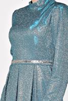 Tesettür giyim MAVİ ALVİNA SİMLİ CEPLİ ABİYE ELBİSE 5563