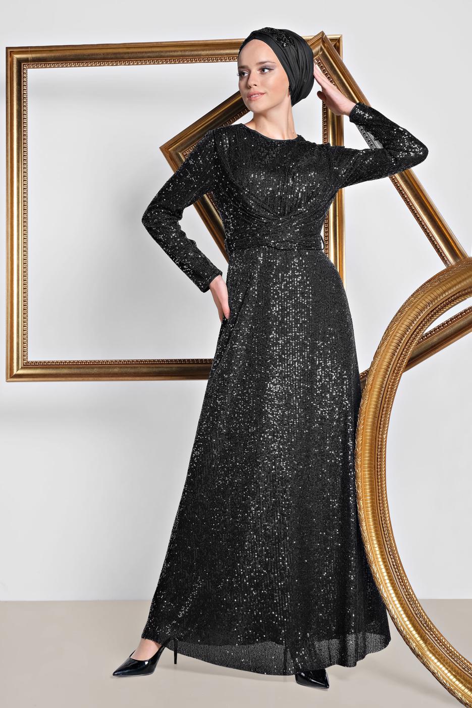 Tesettür giyim SİYAH ALVİNA KRUVAZE PUL PAYET ABİYE ELBİSE 5580	