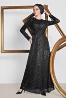 Tesettür giyim SİYAH ALVİNA KRUVAZE PUL PAYET ABİYE ELBİSE 5580	