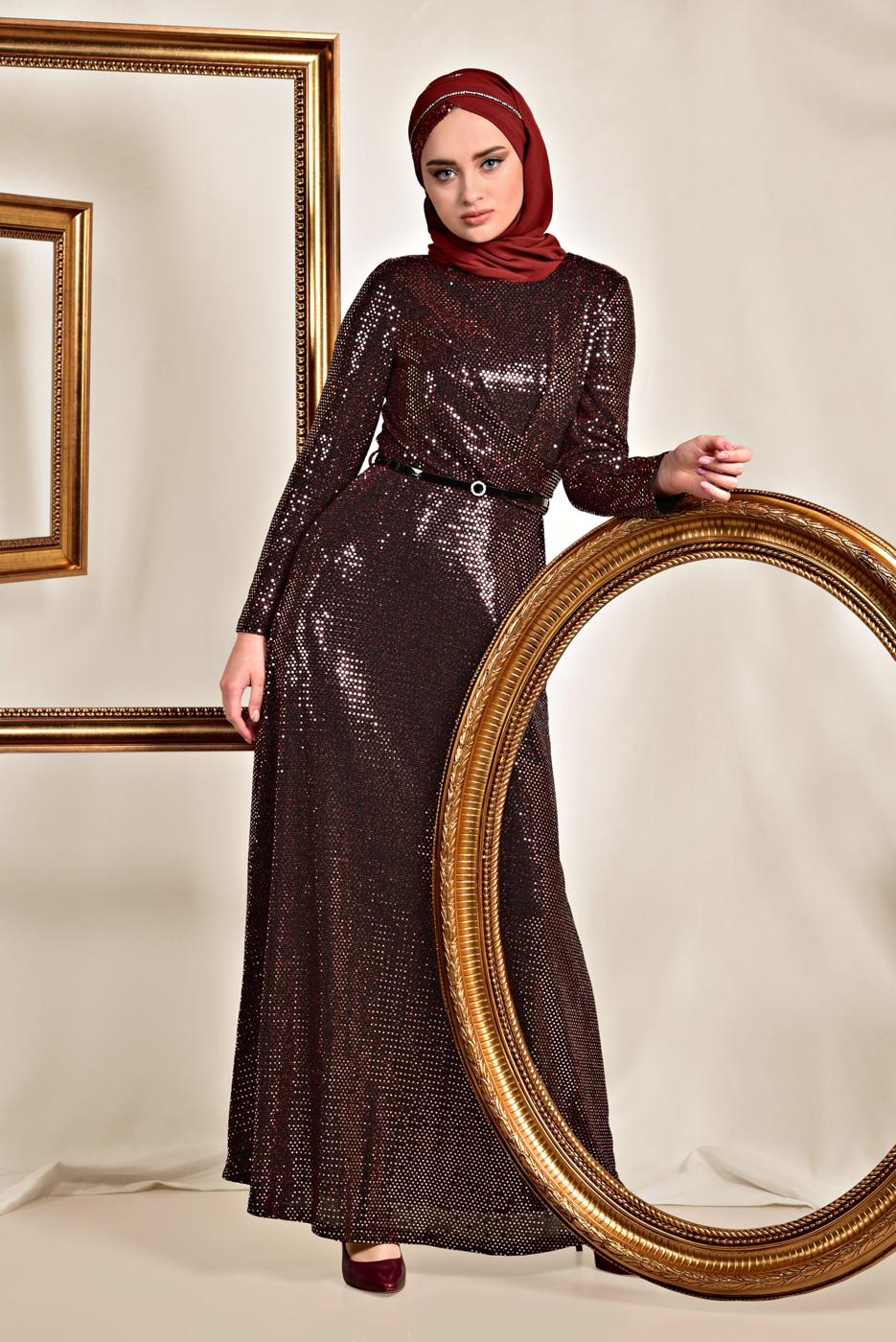 Tesettür giyim BORDO ALVİNA PUL İŞLEMELİ ABİYE 5585
