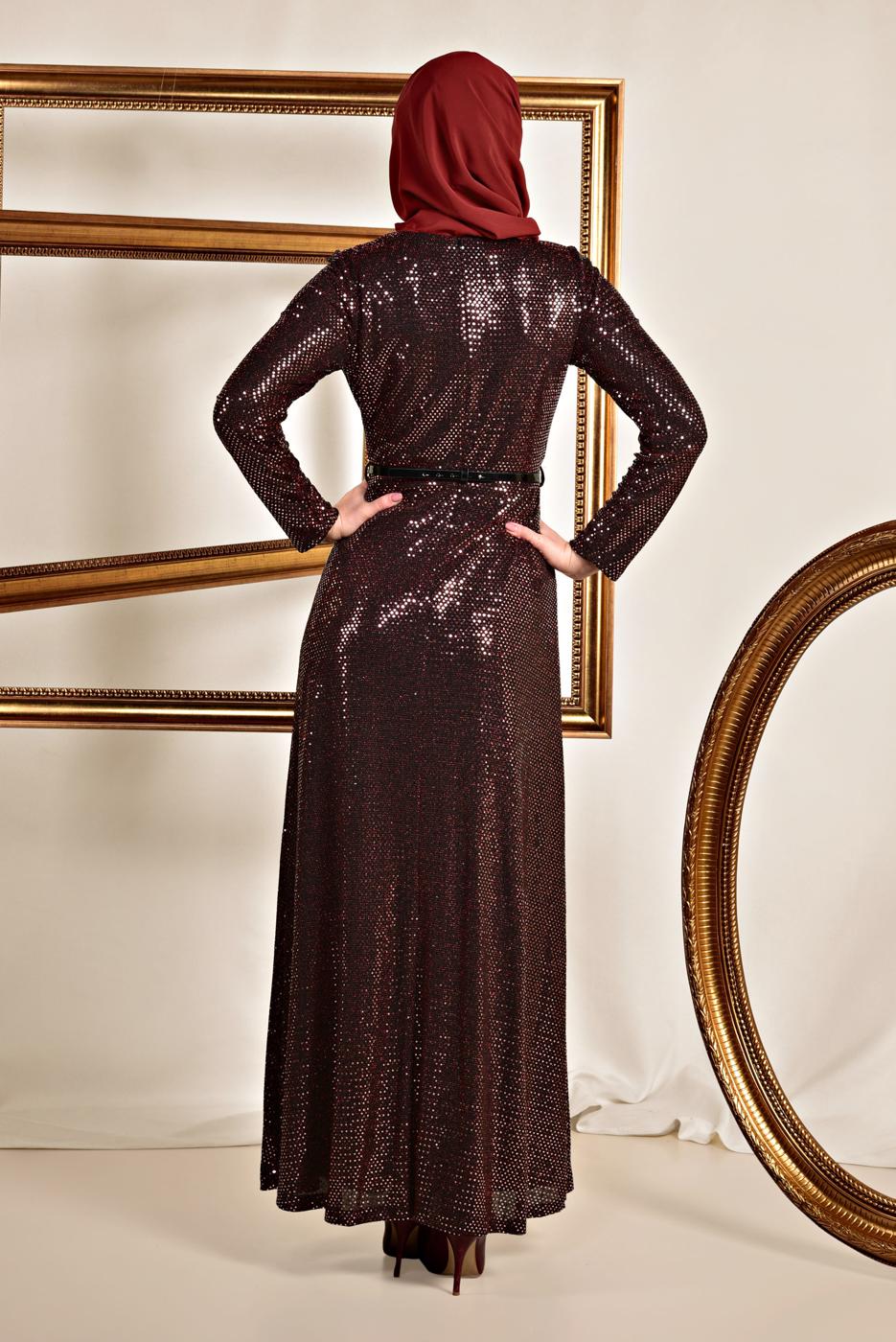 Tesettür giyim BORDO ALVİNA PUL İŞLEMELİ ABİYE 5585
