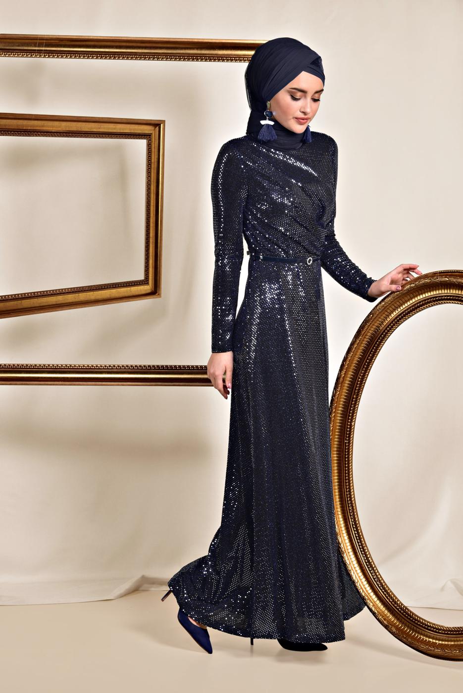 Tesettür giyim LACİVERT ALVİNA PUL İŞLEMELİ ABİYE 5585