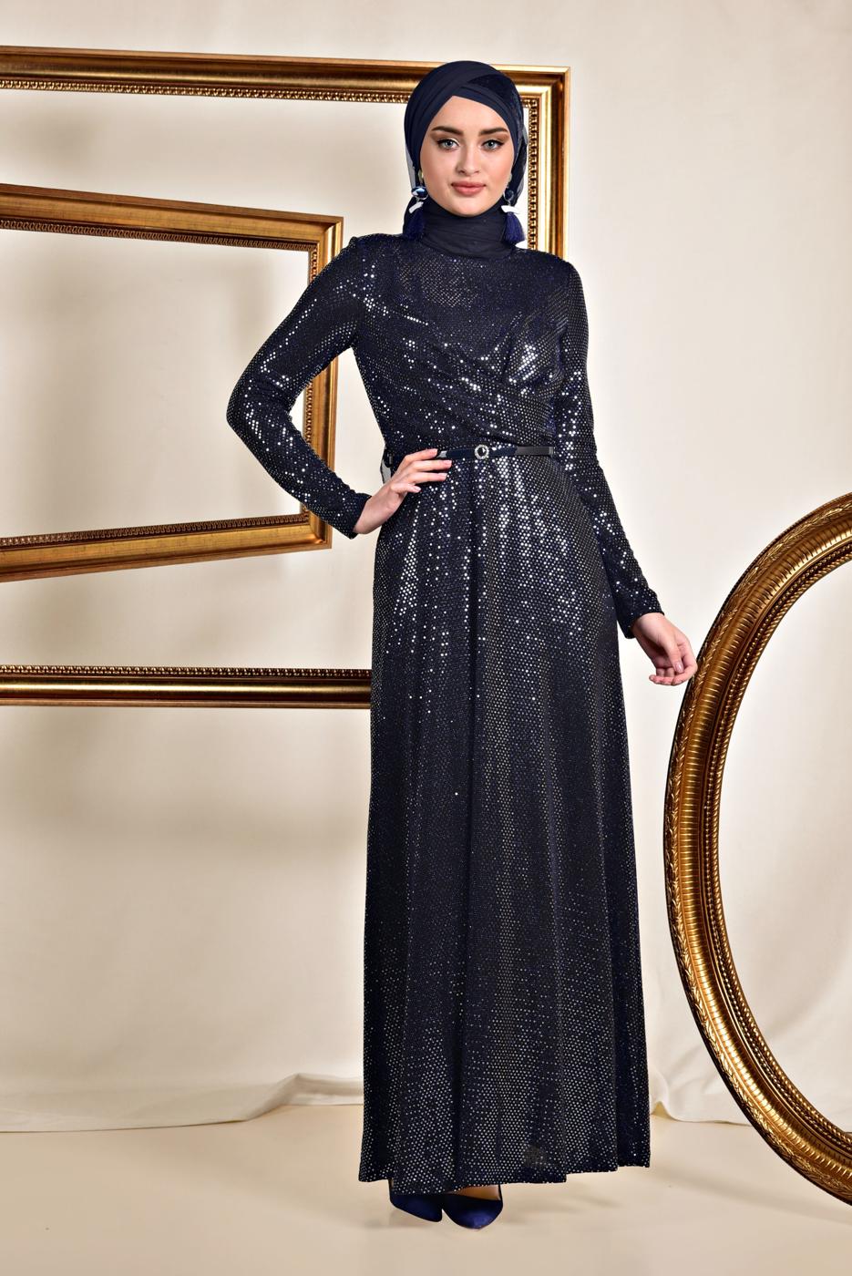 Tesettür giyim LACİVERT ALVİNA PUL İŞLEMELİ ABİYE 5585