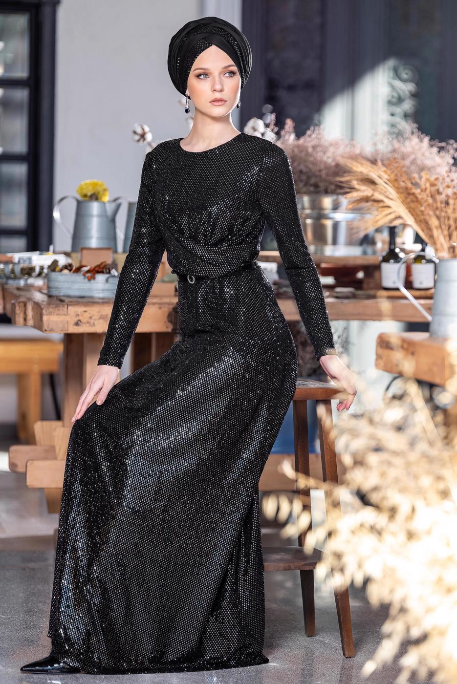 Hijab clothing BLACK T 5585  ALVİNA KAREN PULLU ABİYE 38/42 TEK40