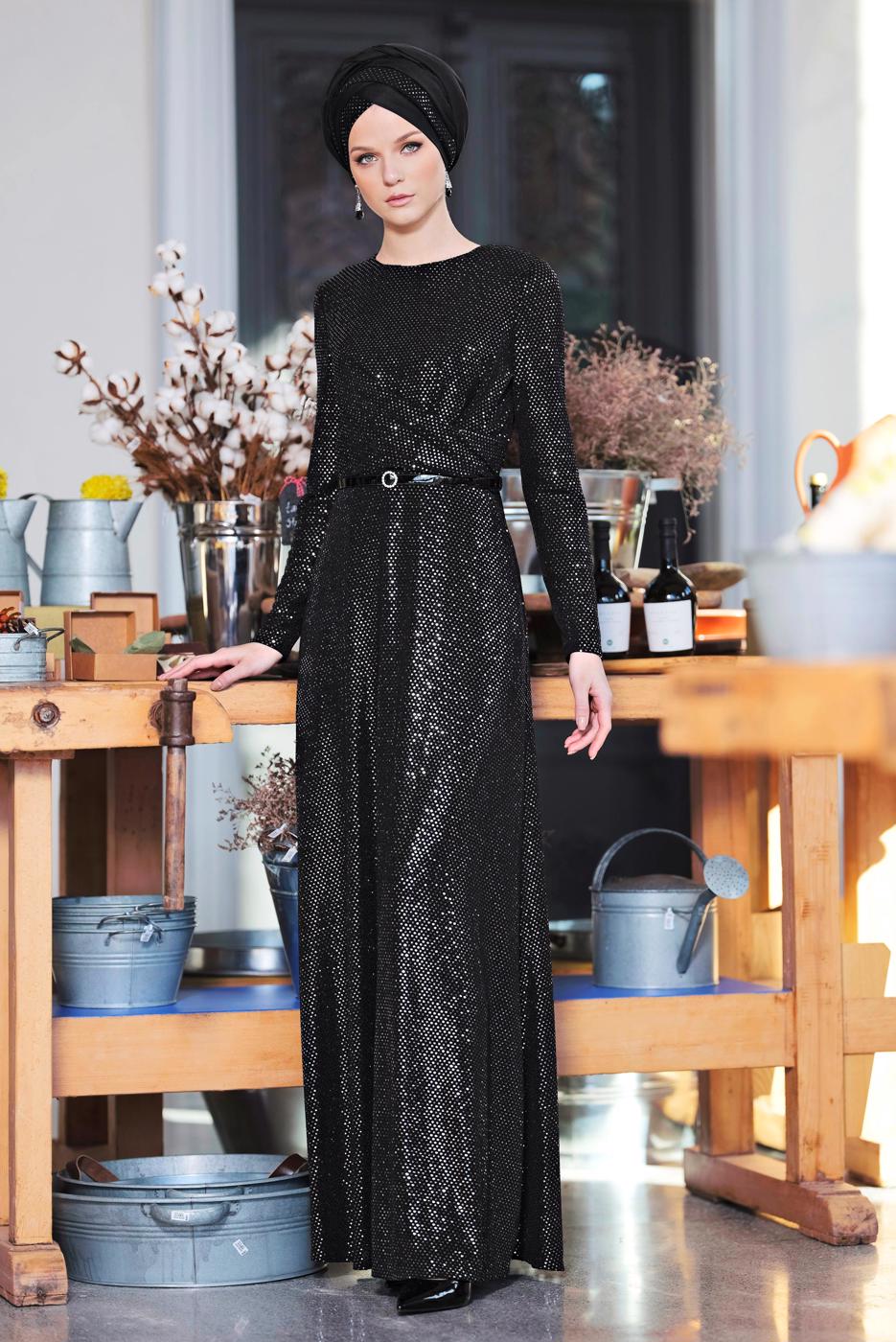 Tesettür giyim SİYAH ALVİNA PUL İŞLEMELİ ABİYE 5585