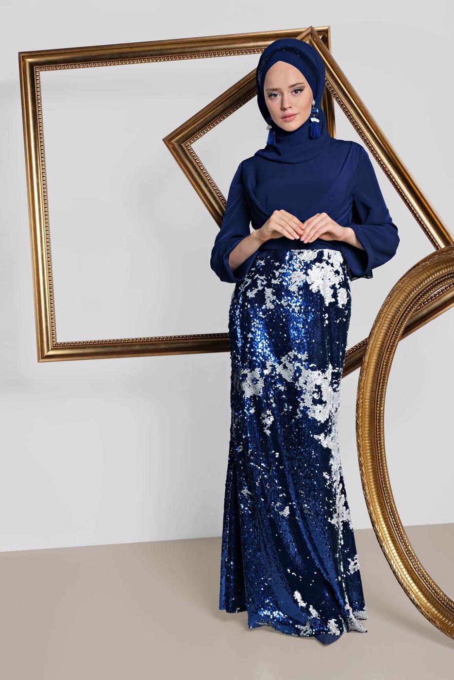 Tesettür giyim LACİVERT  ALVİNA  ETEĞİ PUL PAYETLİ ABİYE ELBİSE 5586