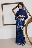 Tesettür giyim LACİVERT  ALVİNA  ETEĞİ PUL PAYETLİ ABİYE ELBİSE 5586