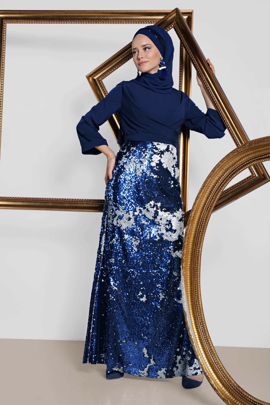 Tesettür giyim LACİVERT  ALVİNA  ETEĞİ PUL PAYETLİ ABİYE ELBİSE 5586