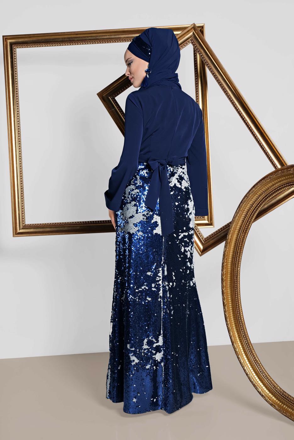 Tesettür giyim LACİVERT  ALVİNA  ETEĞİ PUL PAYETLİ ABİYE ELBİSE 5586