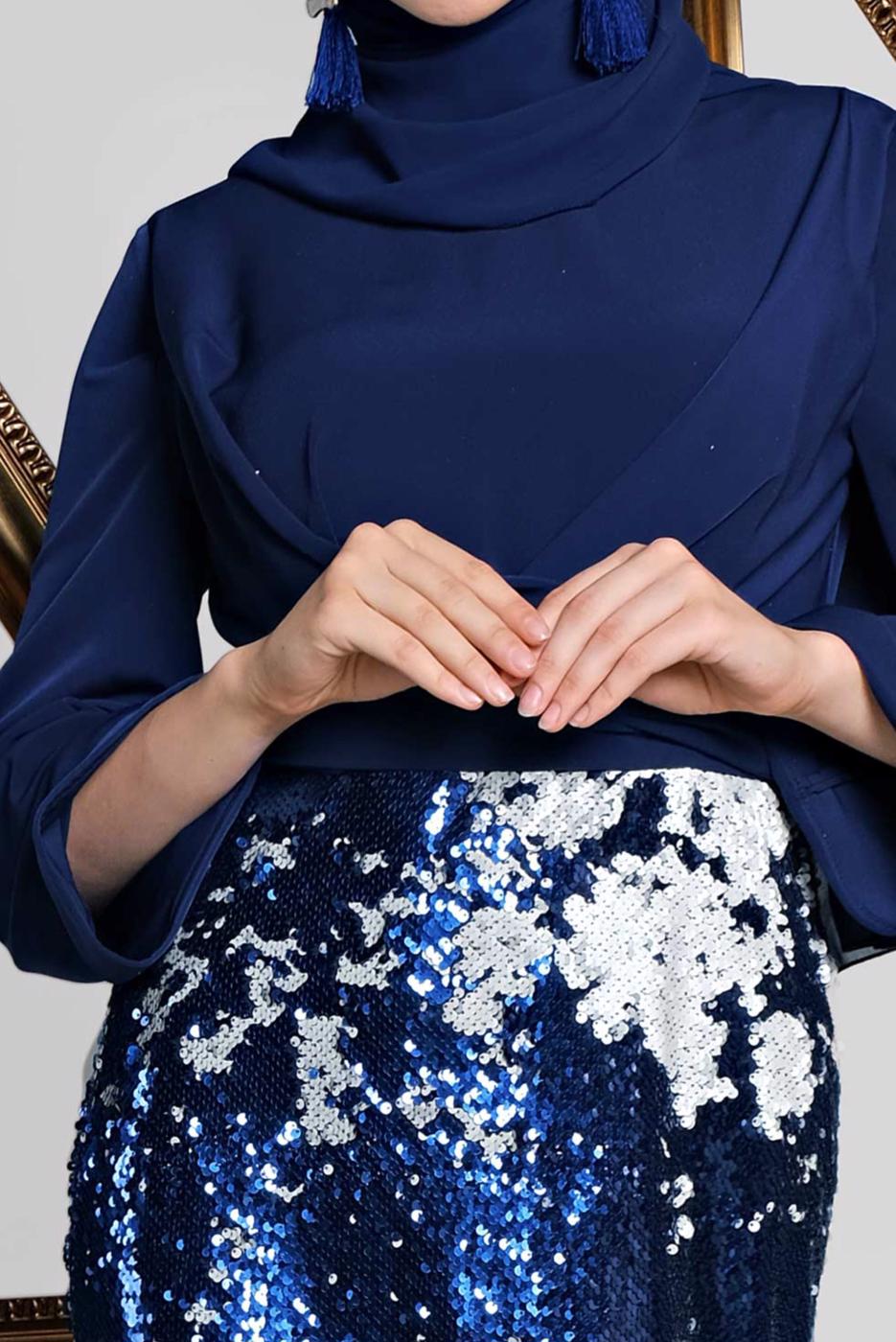 Tesettür giyim LACİVERT  ALVİNA  ETEĞİ PUL PAYETLİ ABİYE ELBİSE 5586
