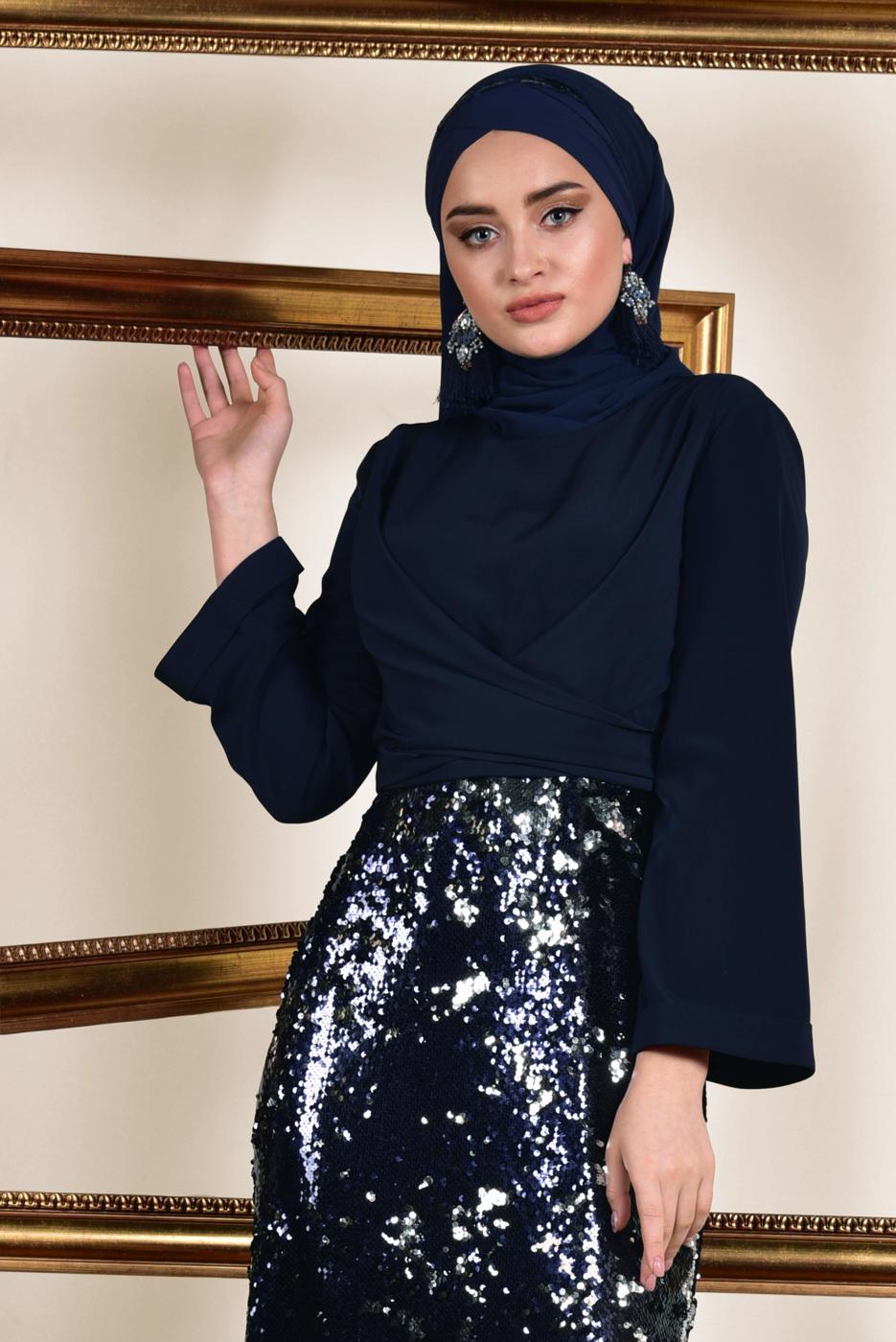 Tesettür giyim LACİVERT  ALVİNA  ETEĞİ PUL PAYETLİ ABİYE ELBİSE 5586