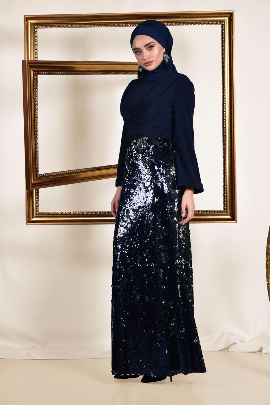 Tesettür giyim LACİVERT  ALVİNA  ETEĞİ PUL PAYETLİ ABİYE ELBİSE 5586