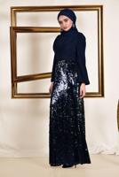 Tesettür giyim LACİVERT  ALVİNA  ETEĞİ PUL PAYETLİ ABİYE ELBİSE 5586