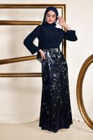 Tesettür giyim LACİVERT  ALVİNA  ETEĞİ PUL PAYETLİ ABİYE ELBİSE 5586