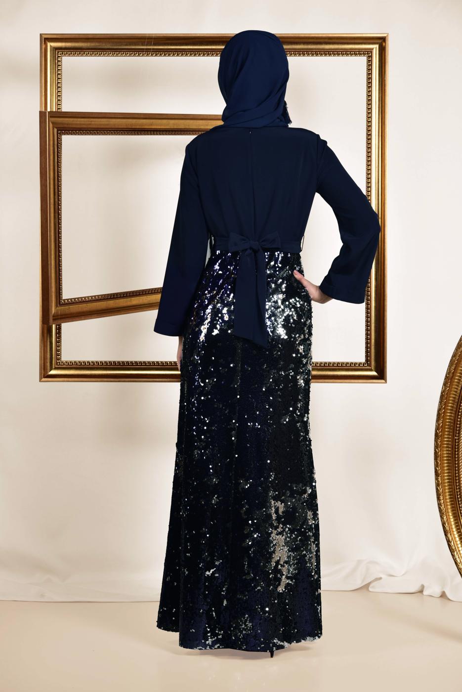 Tesettür giyim LACİVERT  ALVİNA  ETEĞİ PUL PAYETLİ ABİYE ELBİSE 5586