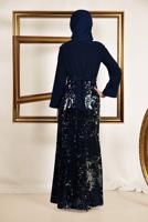 Tesettür giyim LACİVERT  ALVİNA  ETEĞİ PUL PAYETLİ ABİYE ELBİSE 5586