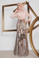 Tesettür giyim PUDRA  ALVİNA  ETEĞİ PUL PAYETLİ ABİYE ELBİSE 5586