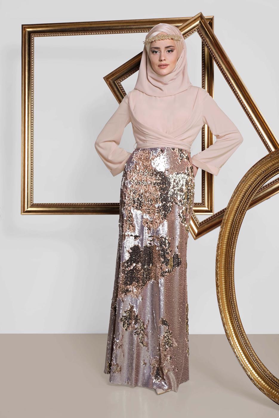 Tesettür giyim PUDRA  ALVİNA  ETEĞİ PUL PAYETLİ ABİYE ELBİSE 5586